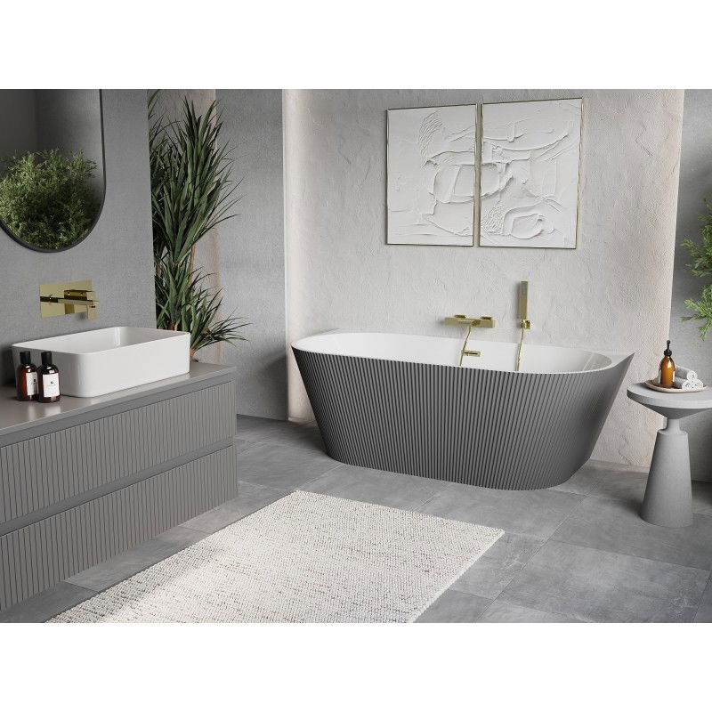 Mexen Oris baignoire autoportante murale rainurée 150 x 75 cm, blanc/gris, trop-plein doré - 52871507562-50