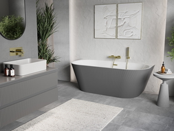 Mexen Oris baignoire autoportante cannelée adossée 150 x 75 cm, blanc/gris, trop-plein doré - 52871507562-50