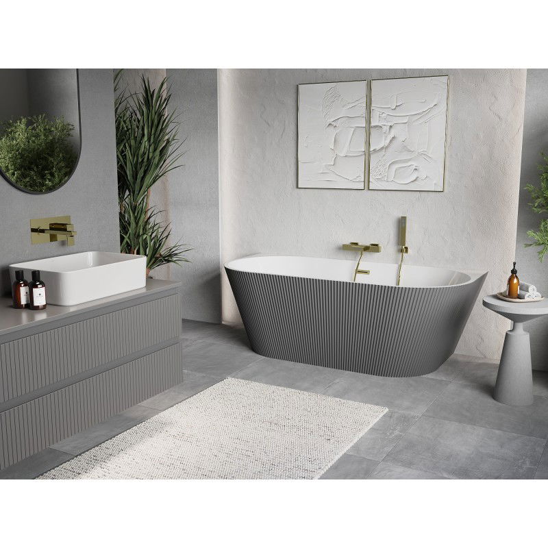 Mexen Oris baignoire autoportante murale nervurée 150 x 75 cm, blanc/gris, trop-plein or brossé - 52871507562-55