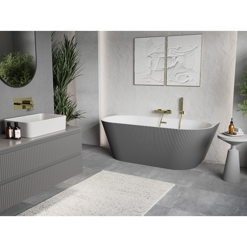 Mexen Oris baignoire autoportante murale rainurée 150 x 75 cm, blanche/grise, trop-plein doré brossé - 52871507562-55