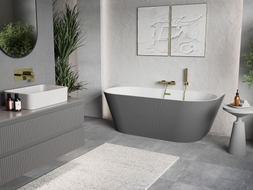 Mexen Oris baignoire autoportante murale rainurée 150 x 75 cm, blanche/grise, trop-plein doré brossé - 52871507562-55