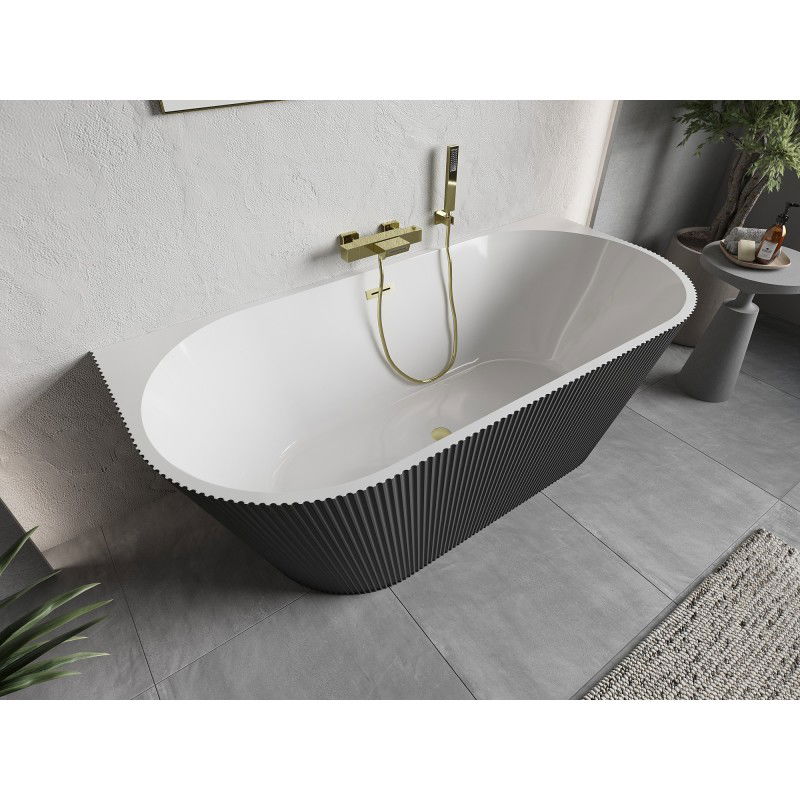 Mexen Oris baignoire autoportante murale nervurée 150 x 75 cm, blanc/gris, trop-plein or brossé - 52871507562-55