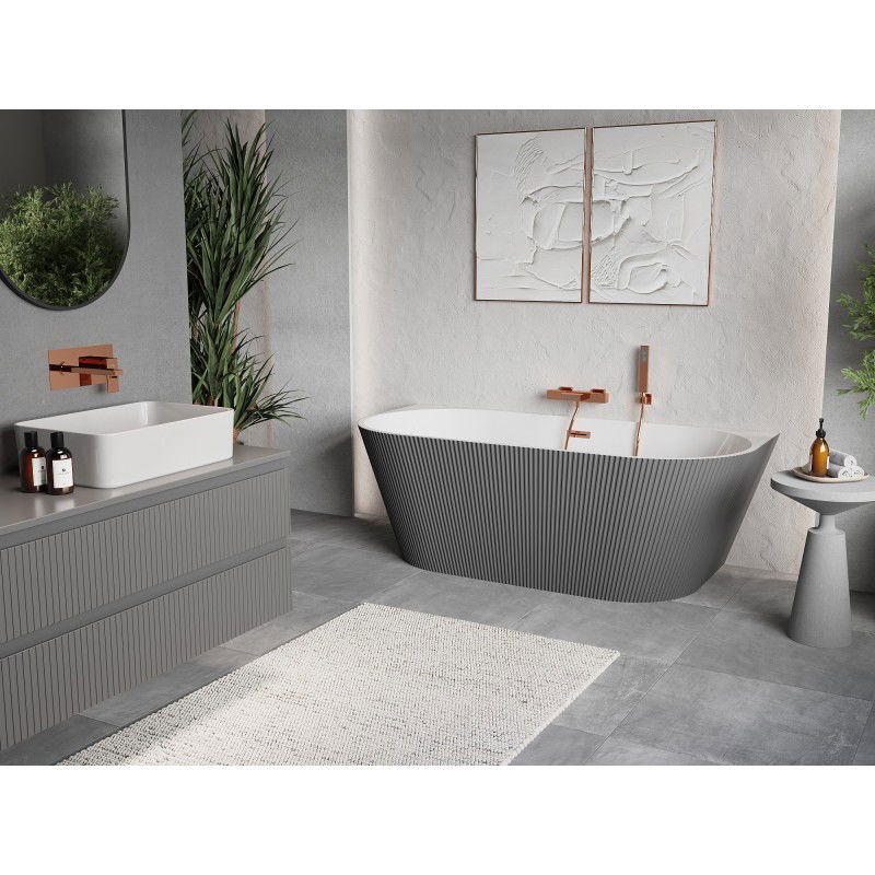 Mexen Oris baignoire autoportante adossée rainurée 150 x 75 cm, blanc/gris, trop-plein or rose - 52871507562-60