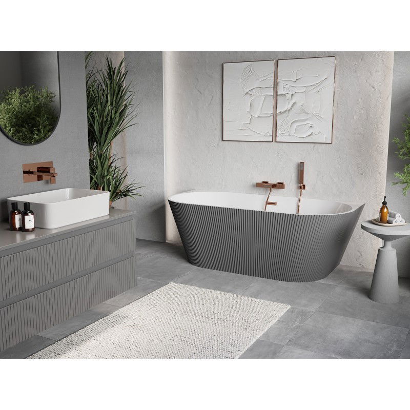 Mexen Oris baignoire autoportante murale cannelée 150 x 75 cm, blanche/grise, trop-plein cuivre brossé - 52871507562-65