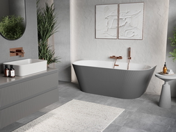 Mexen Oris baignoire autoportante adossée rainurée 150 x 75 cm, blanc/gris, trop-plein cuivre brossé - 52871507562-65