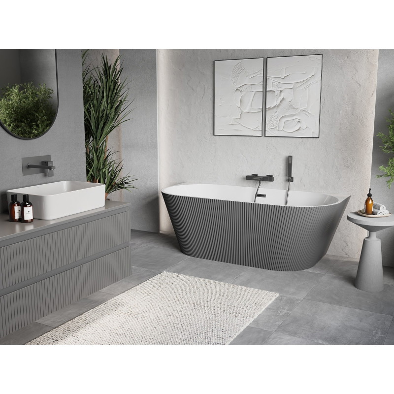 Mexen Oris baignoire îlot contre le mur rainurée 150 x 75 cm, blanche/grise, trop-plein gris canon brossé - 52871507562-66