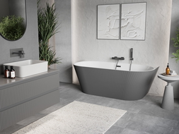 Mexen Oris baignoire autoportante murale rainurée 150 x 75 cm, blanc/gris, trop-plein gun gray brossé - 52871507562-66