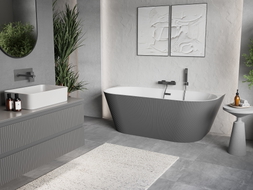 Mexen Oris baignoire îlot contre le mur rainurée 150 x 75 cm, blanche/grise, trop-plein gris canon brossé - 52871507562-66