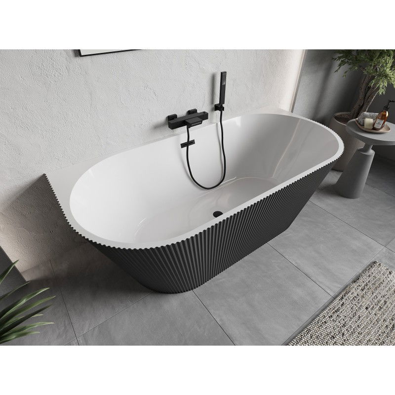 Mexen Oris baignoire autoportante murale rainurée 150 x 75 cm, blanc/gris, trop-plein noir - 52871507562-70