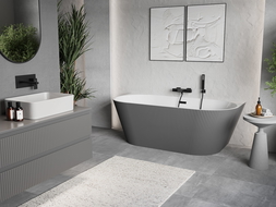 Mexen Oris baignoire autoportante murale rainurée 150 x 75 cm, blanc/gris, trop-plein noir - 52871507562-70