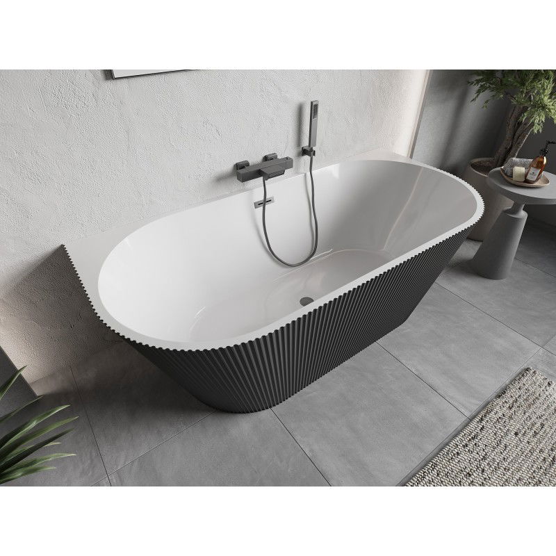 Mexen Oris baignoire autoportante murale cannelée 150 x 75 cm, blanc/gris, trop-plein gun metal - 52871507562-95