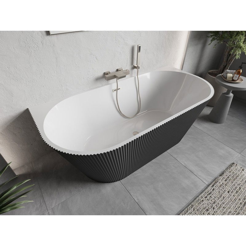 Mexen Oris baignoire autoportante adossée rainurée 150 x 75 cm, blanc/gris, trop-plein en nickel brossé - 52871507562-97