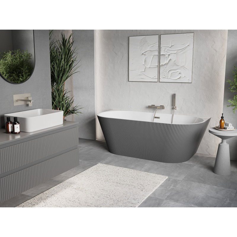 Mexen Oris baignoire autoportante adossée rainurée 150 x 75 cm, blanc/gris, trop-plein en nickel brossé - 52871507562-97