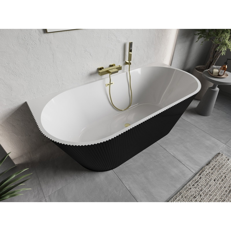 Mexen Oris baignoire autoportante adossée cannelée 150 x 75 cm, blanc/noir, trop-plein doré brossé - 52871507575-55