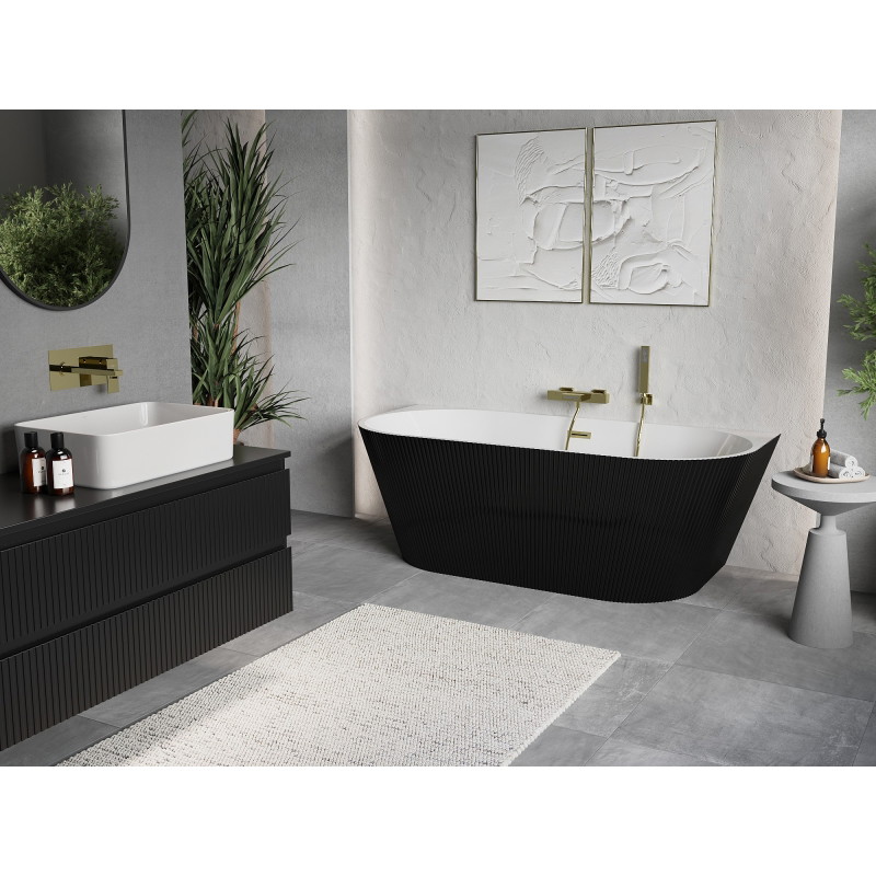 Mexen Oris baignoire autoportante adossée cannelée 150 x 75 cm, blanc/noir, trop-plein doré brossé - 52871507575-55