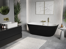 Mexen Oris baignoire autoportante adossée cannelée 150 x 75 cm, blanc/noir, trop-plein doré brossé - 52871507575-55