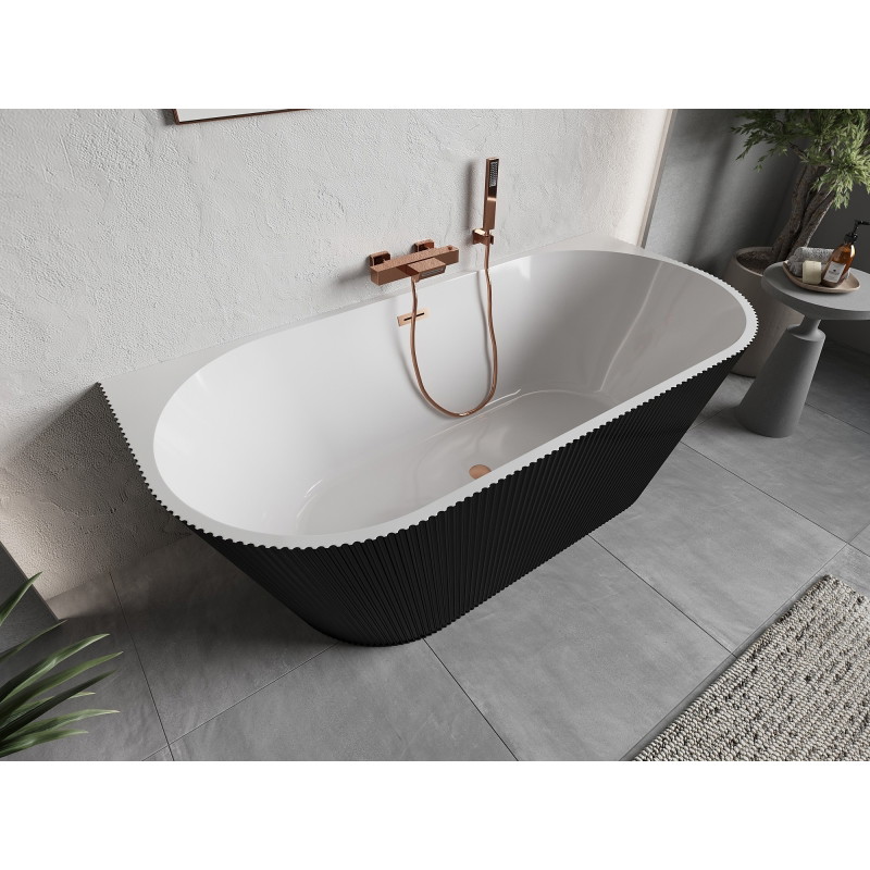 Mexen Oris baignoire autoportante adossée rainurée 150 x 75 cm, blanche/noire, trop-plein en cuivre brossé - 52871507575-65