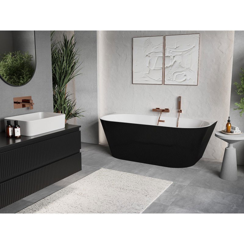 Mexen Oris baignoire îlot murale rainurée 150 x 75 cm, blanche/noire, trop-plein cuivre brossé - 52871507575-65