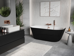 Mexen Oris baignoire autoportante adossée rainurée 150 x 75 cm, blanche/noire, trop-plein en cuivre brossé - 52871507575-65