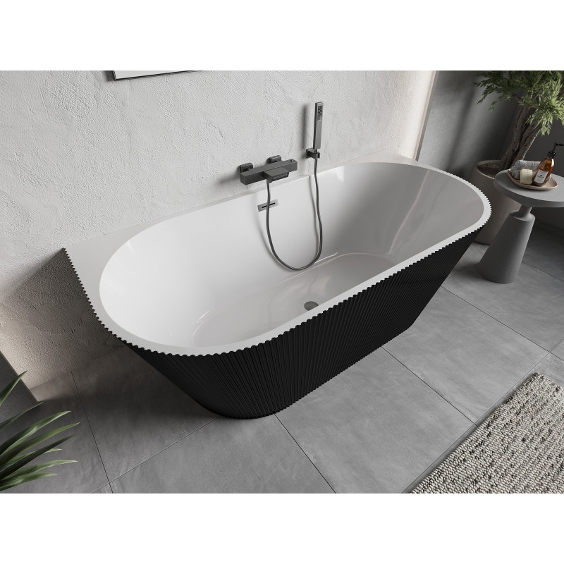 Mexen Oris baignoire autoportante côtée rainurée 150 x 75 cm, blanche/noire, trop-plein gris métallique brossé