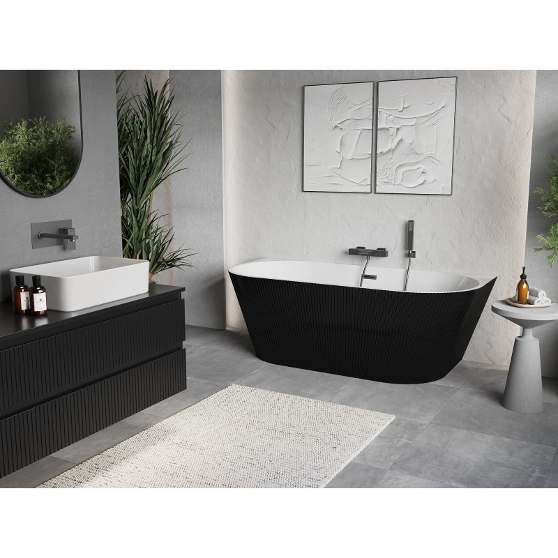 Mexen Oris baignoire autoportante côtée rainurée 150 x 75 cm, blanche/noire, trop-plein gris métallique brossé