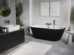 Mexen Oris baignoire autoportante côtée rainurée 150 x 75 cm, blanche/noire, trop-plein gris métallique brossé