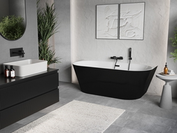 Mexen Oris baignoire autoportante murale rainurée 150 x 75 cm, blanche/noire, trop-plein noir - 52871507575-70