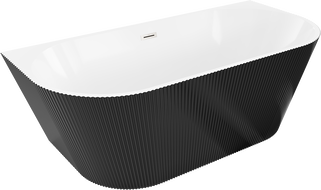 Mexen Oris baignoire autoportante à montage mural nervuré 150 x 75 cm, blanc/noir, trop-plein en nickel brossé - 52871507575-97