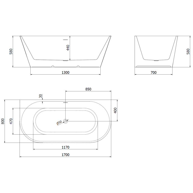 Mexen Oris baignoire autoportante murale nervurée 170 x 80 cm, blanche, trop-plein cuivre brossé - 52871708000-65
