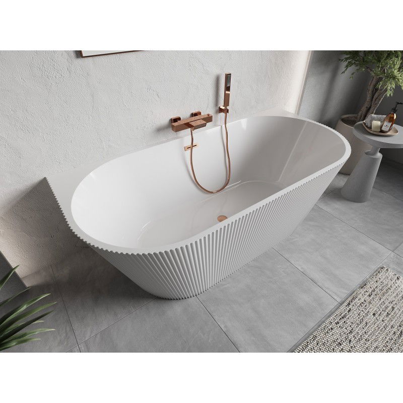 Mexen Oris baignoire autoportante murale nervurée 170 x 80 cm, blanche, trop-plein cuivre brossé - 52871708000-65