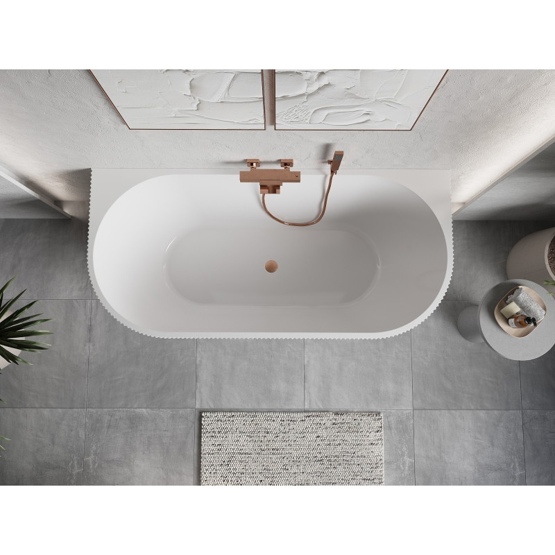 Mexen Oris baignoire autoportante adossée cannelée 170 x 80 cm, blanche/grise, trop-plein en cuivre brossé - 52871708062-65