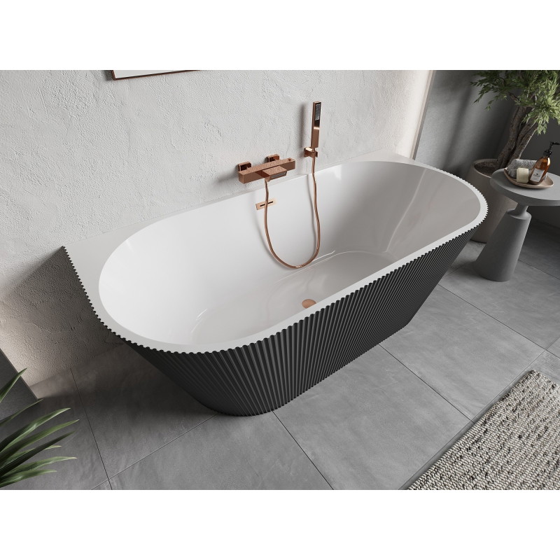 Mexen Oris baignoire autoportante adossée cannelée 170 x 80 cm, blanche/grise, trop-plein en cuivre brossé - 52871708062-65