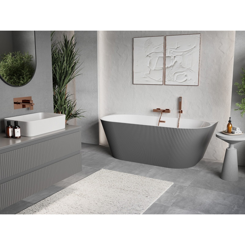 Mexen Oris baignoire autoportante adossée cannelée 170 x 80 cm, blanche/grise, trop-plein en cuivre brossé - 52871708062-65