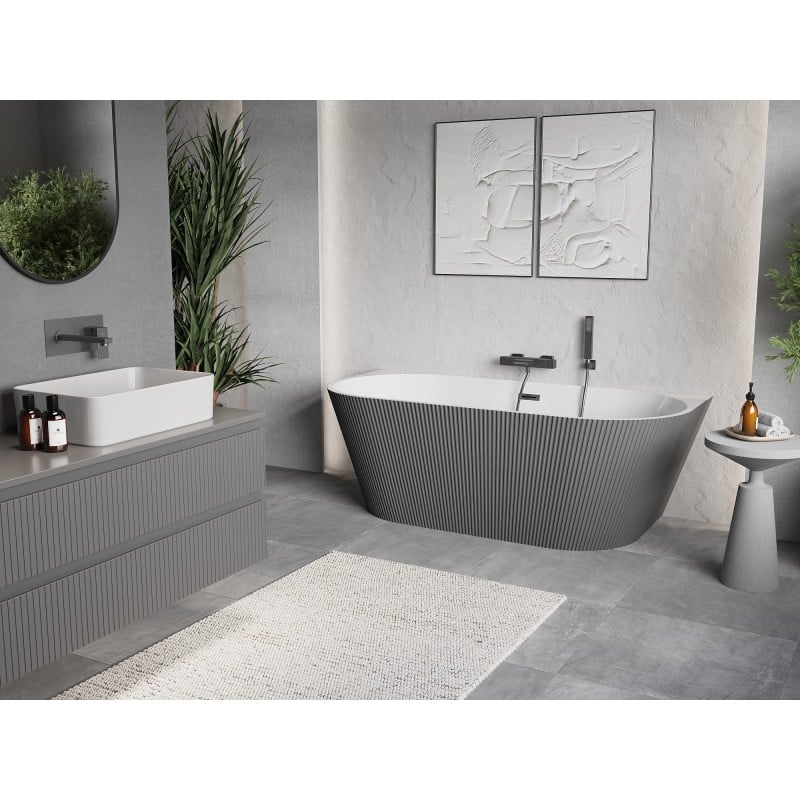 Mexen Oris baignoire îlot adossée rainurée 170 x 80 cm, blanc/gris, trop-plein gun gray brossé - 52871708062-66