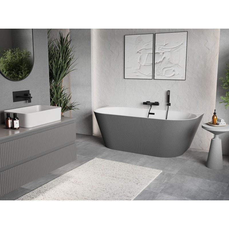 Mexen Oris baignoire autoportante murale rainurée 170 x 80 cm, blanche/grise, trop-plein noir - 52871708062-70