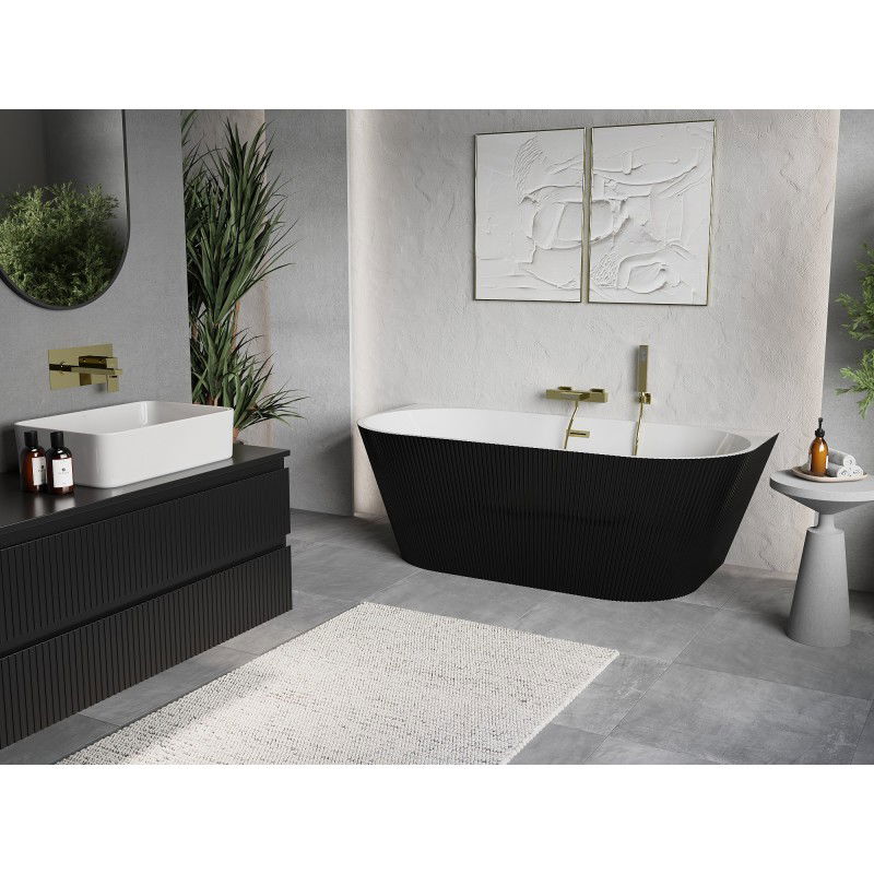 Mexen Oris baignoire autoportante murale rainurée 170 x 80 cm, blanche/noire, trop-plein or brossé - 52871708075-55