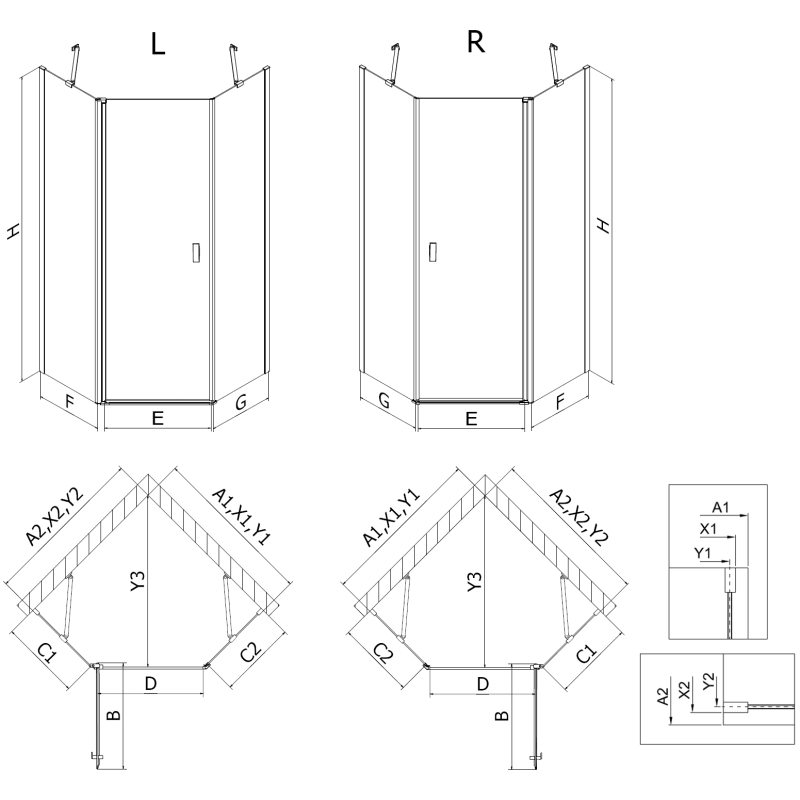 Mexen Mist cabine de douche pentagonale pivotante gauche 100 x 100 cm, cadre noir, noir - 8A8-100-100-70-70-L