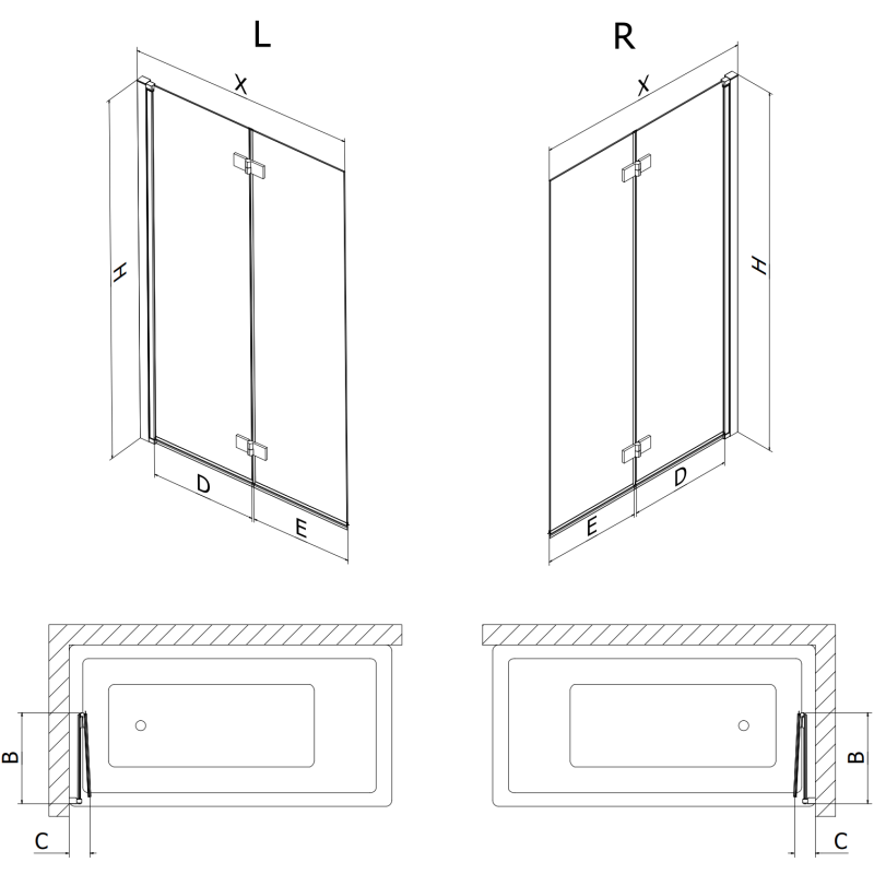 Mexen Mist paroi de baignoire 2 volets droite 120 x 150 cm, transparent, dorée - 8A9-120-002-50-00-P