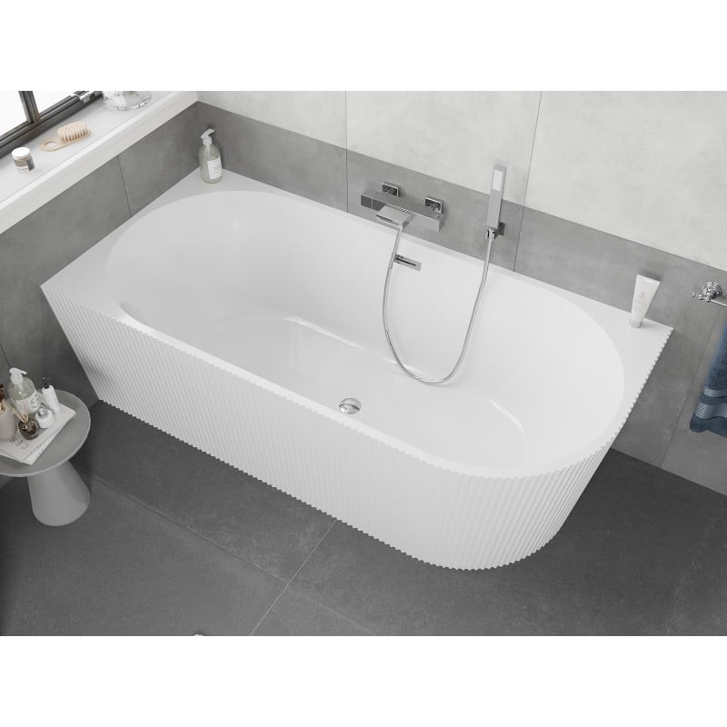 Mexen Silo baignoire autoportante d'angle gauche rainurée 150 x 75 cm, blanche, trop-plein chromé - 52891507500L-01