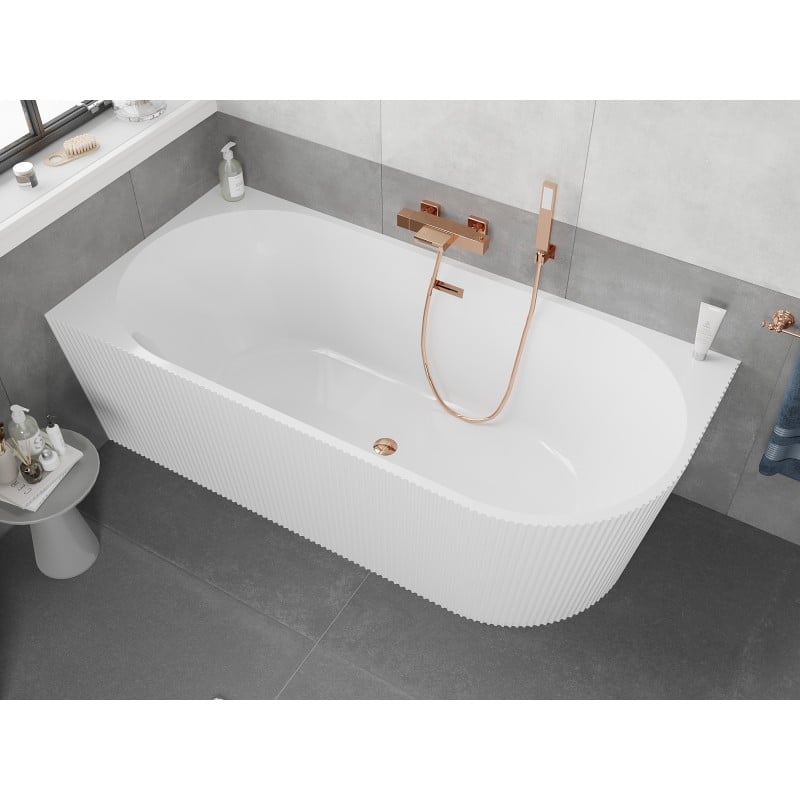 Mexen Silo baignoire autoportante d'angle gauche rainurée 150 x 75 cm, blanche, trop-plein or rose - 52891507500L-60