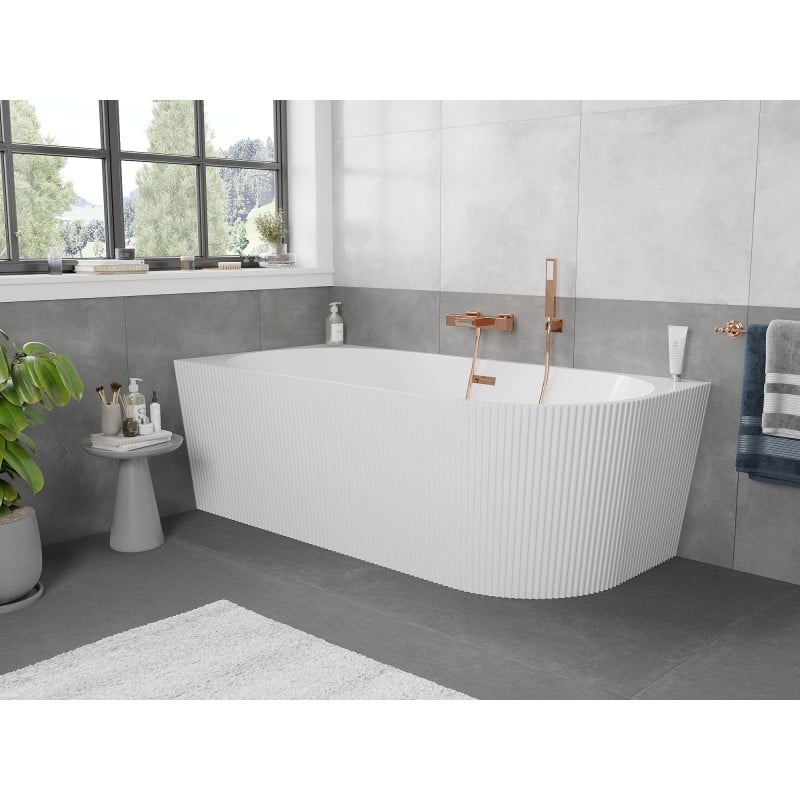Mexen Silo baignoire autoportante d'angle gauche rainurée 150 x 75 cm, blanche, trop-plein or rose - 52891507500L-60