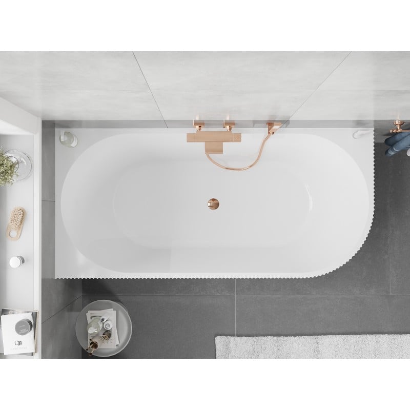 Mexen Silo baignoire autoportante d'angle gauche rainurée 150 x 75 cm, blanche, trop-plein or rose - 52891507500L-60
