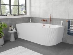 Mexen Silo baignoire autoportante d'angle gauche cannelée 150 x 75 cm, blanche, trop-plein en cuivre brossé - 52891507500L-65