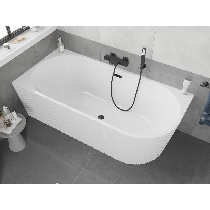 Mexen Silo baignoire autoportante d'angle gauche rainurée 150 x 75 cm, blanche, trop-plein noir - 52891507500L-70