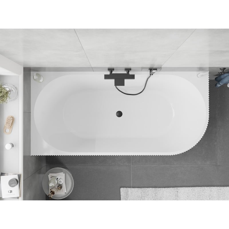 Mexen Silo baignoire autoportante d'angle gauche rainurée 150 x 75 cm, blanche, trop-plein noir - 52891507500L-70