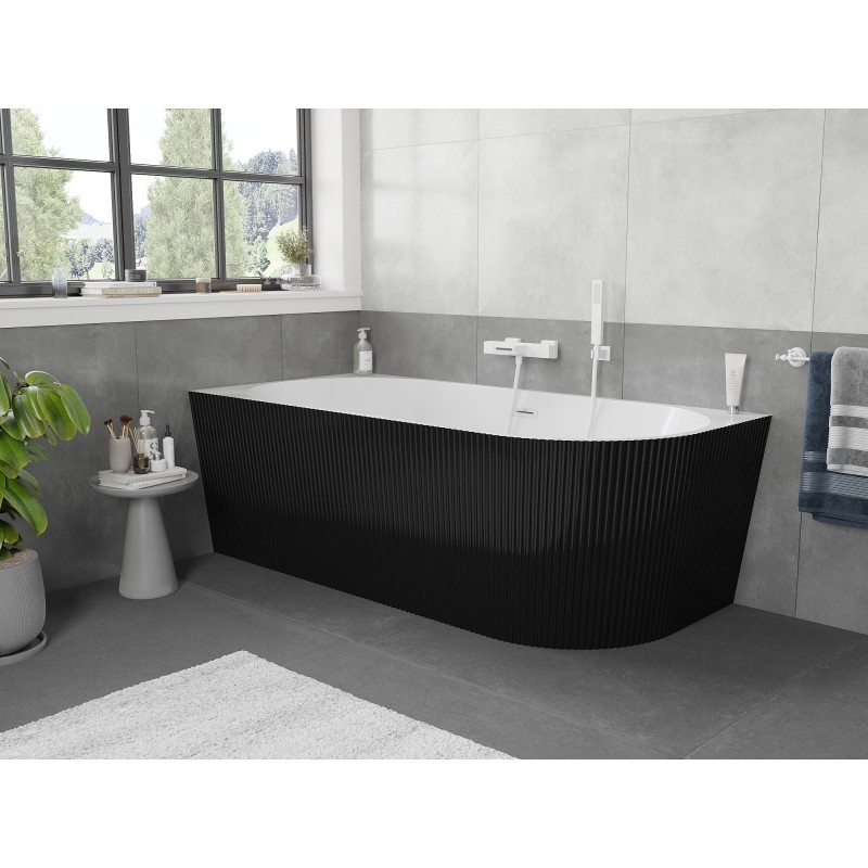 Mexen Silo baignoire autoportante d'angle gauche rainurée 150 x 75 cm, blanche/noire, trop-plein blanc- 52891507575L-20