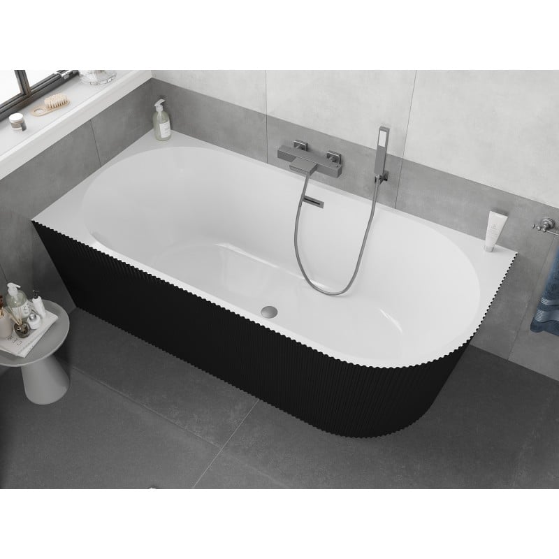 Mexen Silo baignoire autoportante d'angle gauche rainurée 150 x 75 cm, blanche/noire, trop-plein gun metal - 52891507575L-95