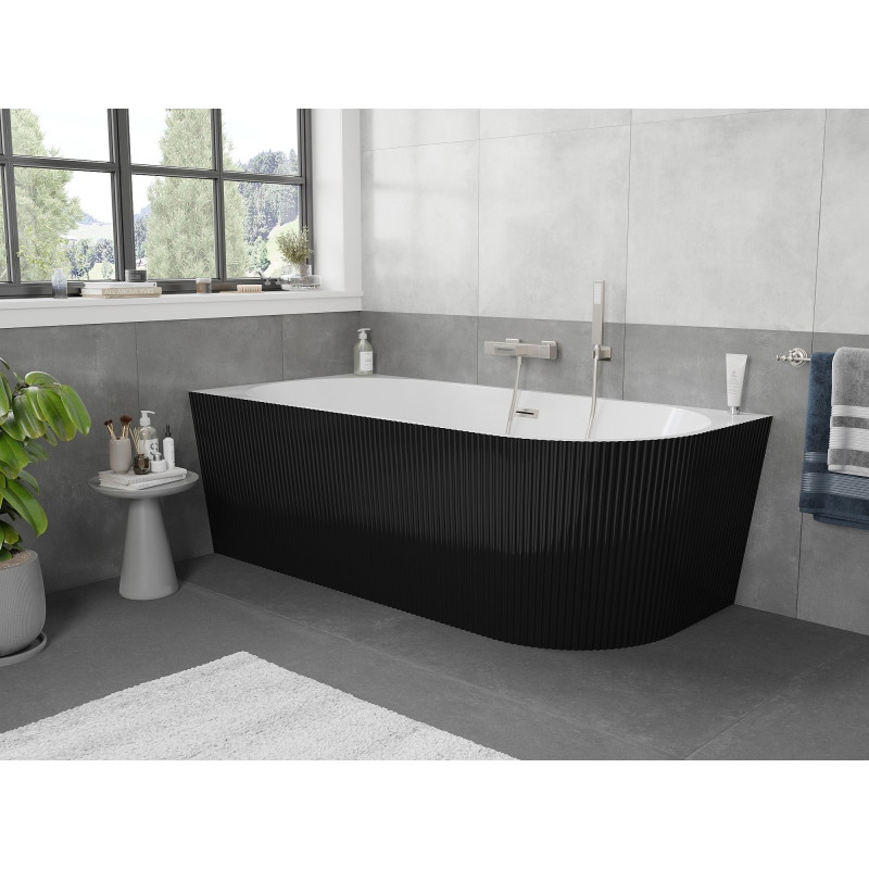 Mexen Silo baignoire autoportante d'angle gauche rainurée 150 x 75 cm, blanc/noir, trop-plein en nickel brossé