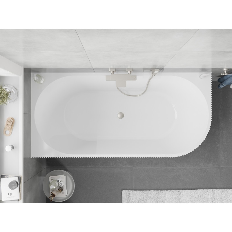 Mexen Silo baignoire autoportante d'angle gauche rainurée 150 x 75 cm, blanc/noir, trop-plein en nickel brossé