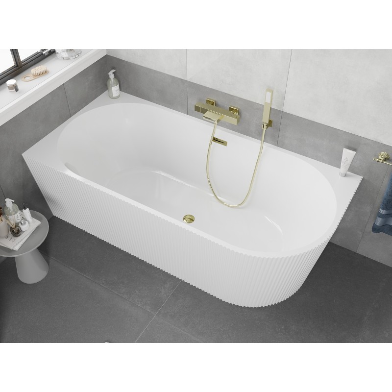 Mexen Silo baignoire autoportante d'angle gauche rainurée 170 x 80 cm, blanche, trop-plein doré - 52891708000L-50
